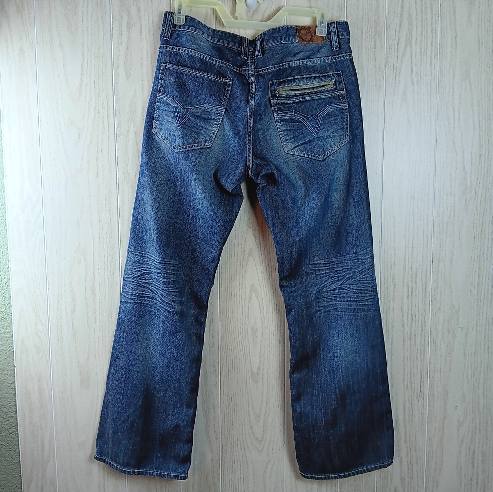 Helix Jeans Mens Size 36x34 Bootcut Blue Denim Whiskered Distressed.  - Picture 7 of 16